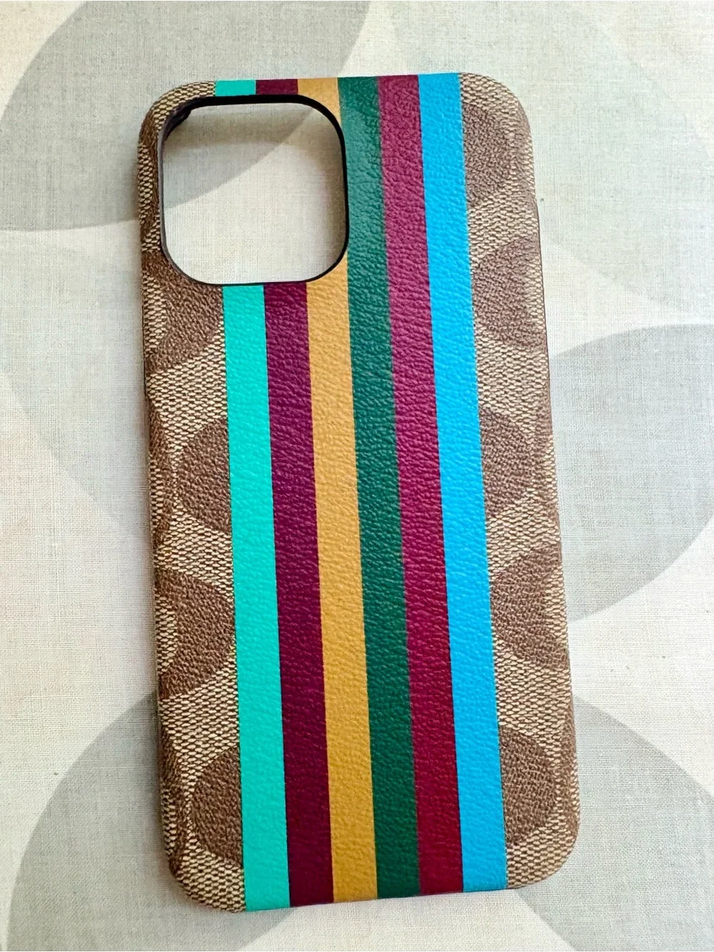 Coach Brown Signature Slim Case with Turquoise, Red, Gold & Green Stripes (NWT)